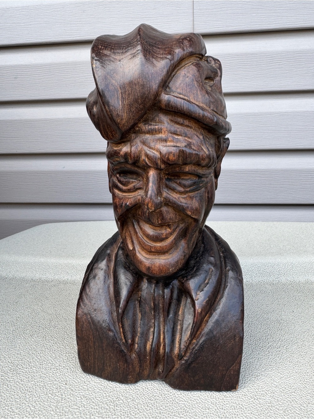 Hand-Carved Dark Brown Wooden Bust - Decorative Home Folk Art Old Man Figure